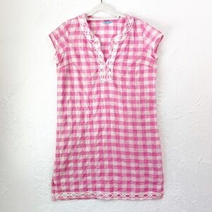 J. McLaughlin Pink Gingham Embroidered Crinkle Seersucker Shift Dress Sz XS